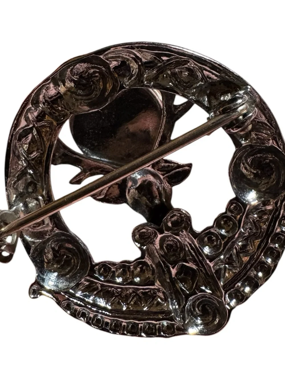 Silver Tone Brooch with Pale Green Cabochon